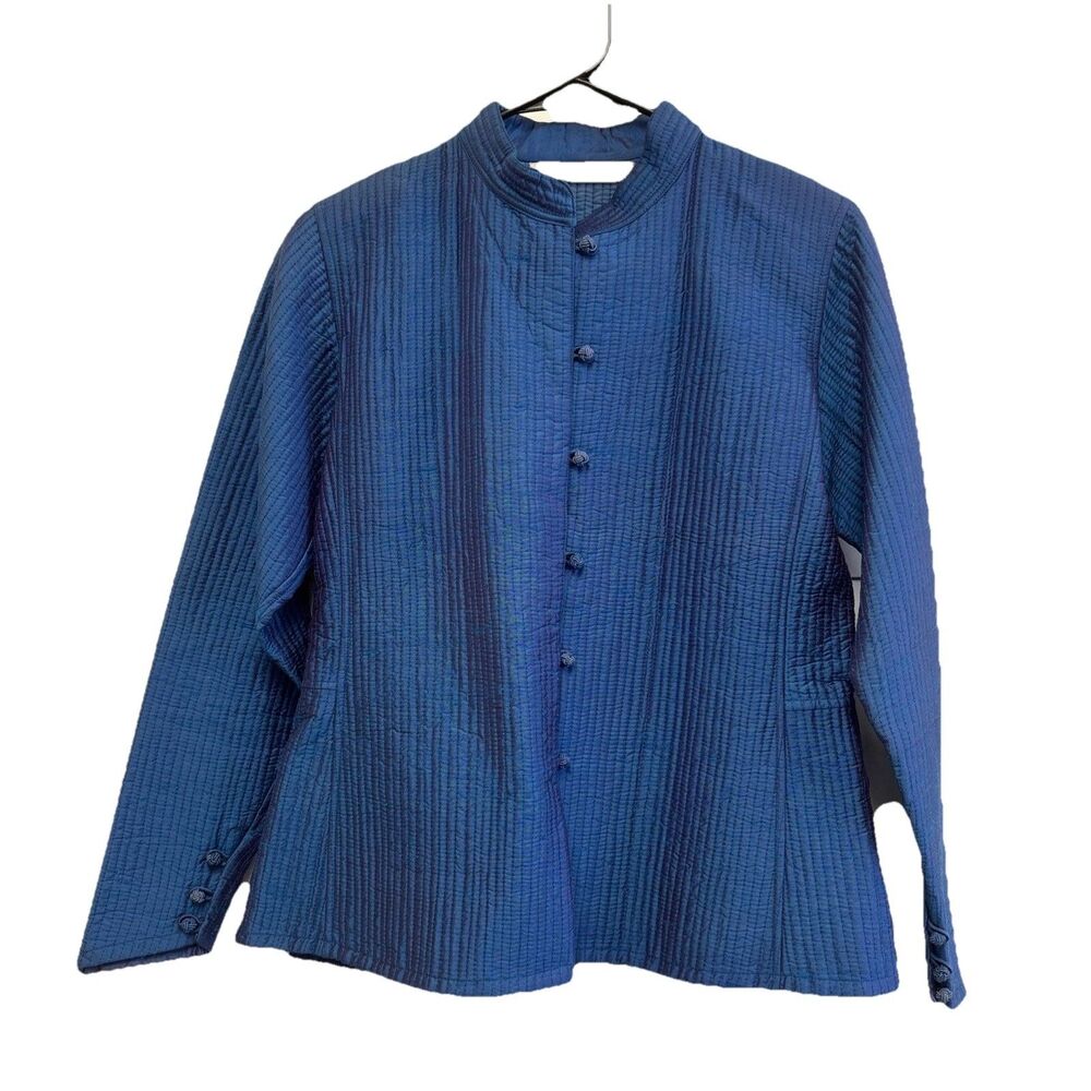 Joshi Silk Blue Purple High Neck Jacket M Long Sleeve Frog Buttons Side Slits